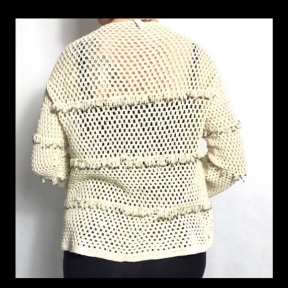 JOIE SEQUIN FRINGE CROCHET COTTON CARDIGAN SWEATER - Picture 5 of 7